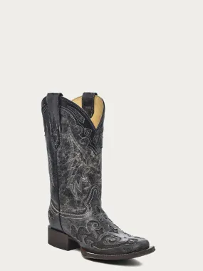 A2402 - WOMEN'S BLACK EMBROIDERY SNAKE INLAY SQUARE TOE COWBOY BOOT