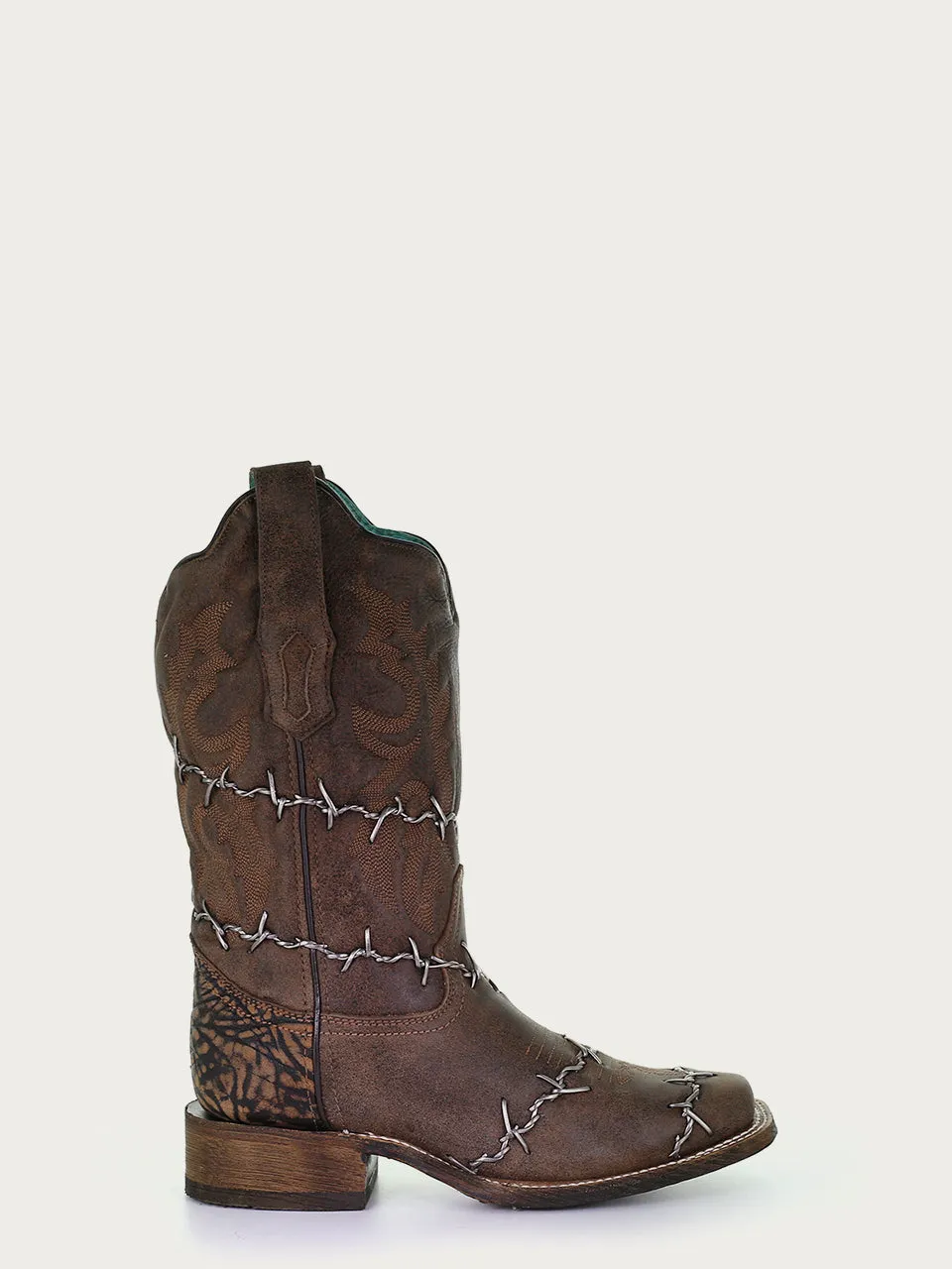 A3815 - WOMEN'S BROWN WOVEN BARBED WIRE SQUARE TOE RODEO COWBOY BOOT
