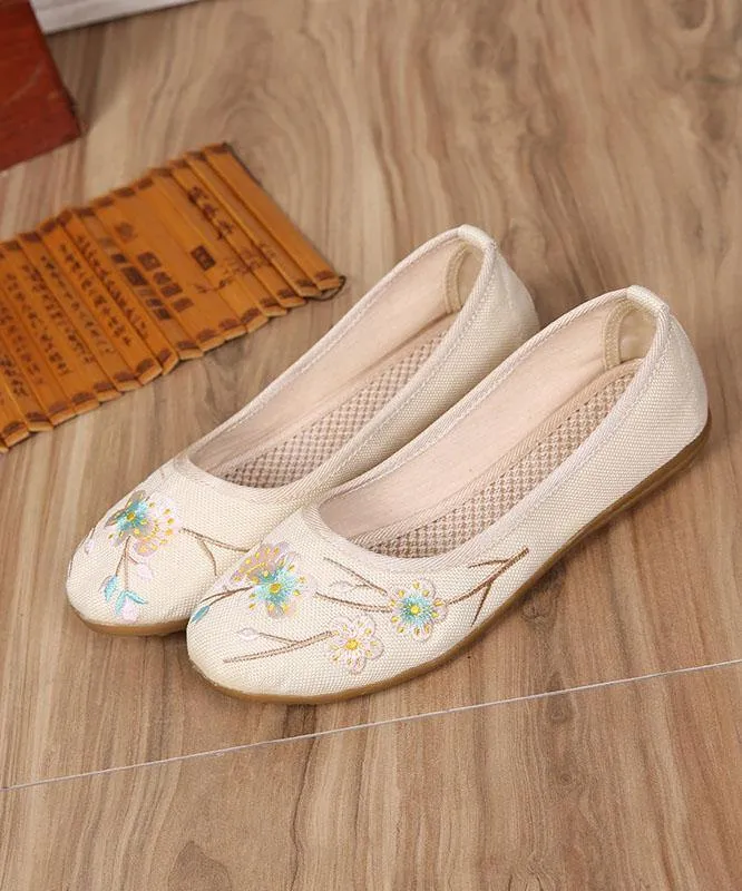 Art Splicing Flat Shoes For Women Beige Embroidered Cotton Linen Fabric