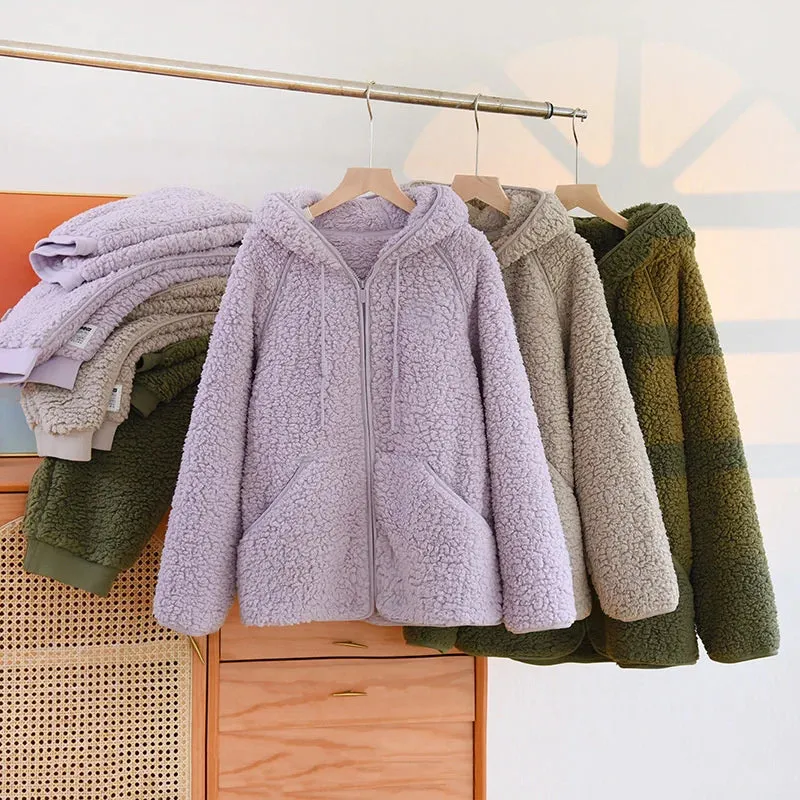 Autumn/Winter New Women’s Warm Soft Coral Fleece Pajamas – 2-Piece Home Suit, Casual Hooded Nightwear for Couples