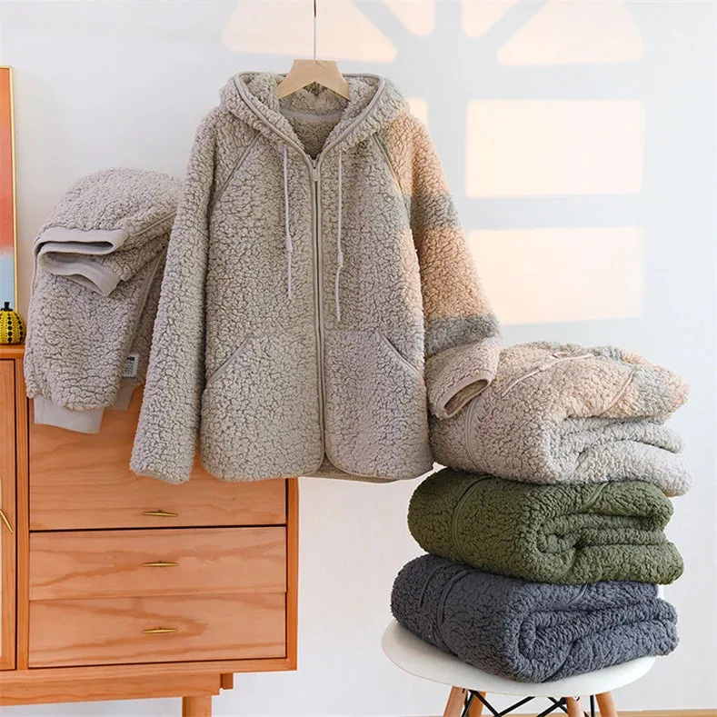 Autumn/Winter New Women’s Warm Soft Coral Fleece Pajamas – 2-Piece Home Suit, Casual Hooded Nightwear for Couples
