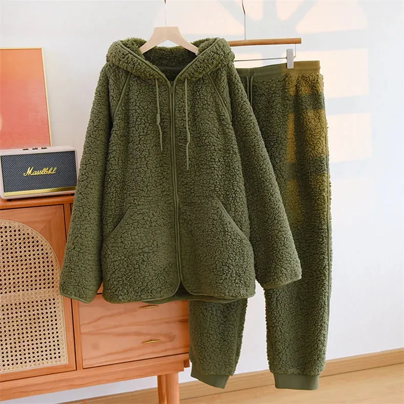 Autumn/Winter New Women’s Warm Soft Coral Fleece Pajamas – 2-Piece Home Suit, Casual Hooded Nightwear for Couples