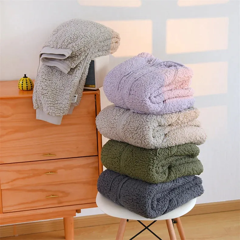 Autumn/Winter New Women’s Warm Soft Coral Fleece Pajamas – 2-Piece Home Suit, Casual Hooded Nightwear for Couples