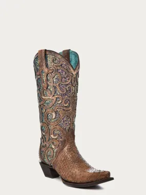 C3467 - WOMEN'S IRIDESCENT PURPLE GLITTER INLAY WITH FULL STUDDED VAMP SNIP TOE COWBOY BOOT