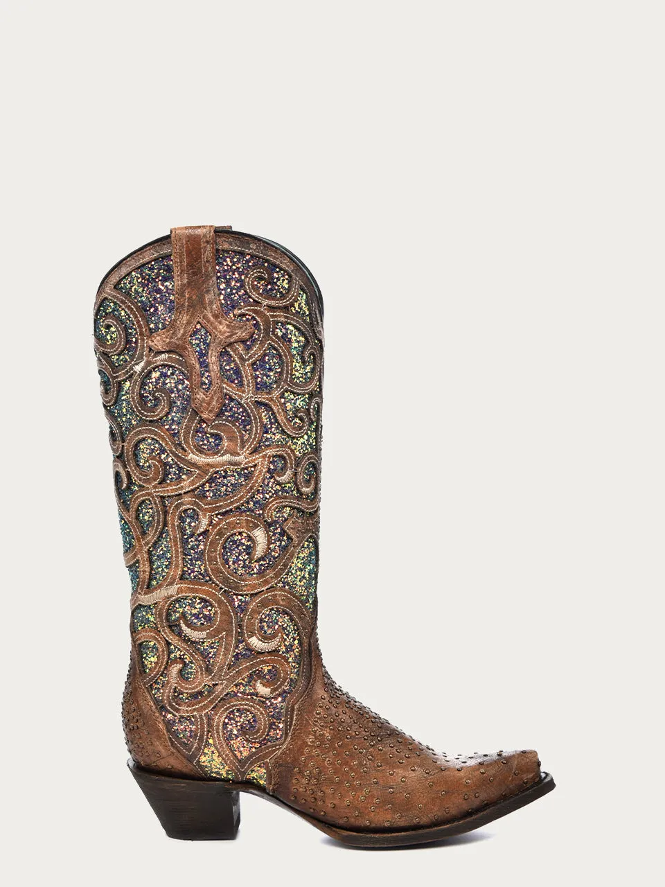 C3467 - WOMEN'S IRIDESCENT PURPLE GLITTER INLAY WITH FULL STUDDED VAMP SNIP TOE COWBOY BOOT