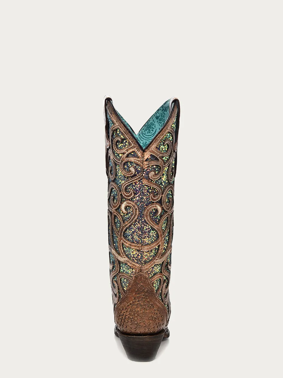 C3467 - WOMEN'S IRIDESCENT PURPLE GLITTER INLAY WITH FULL STUDDED VAMP SNIP TOE COWBOY BOOT