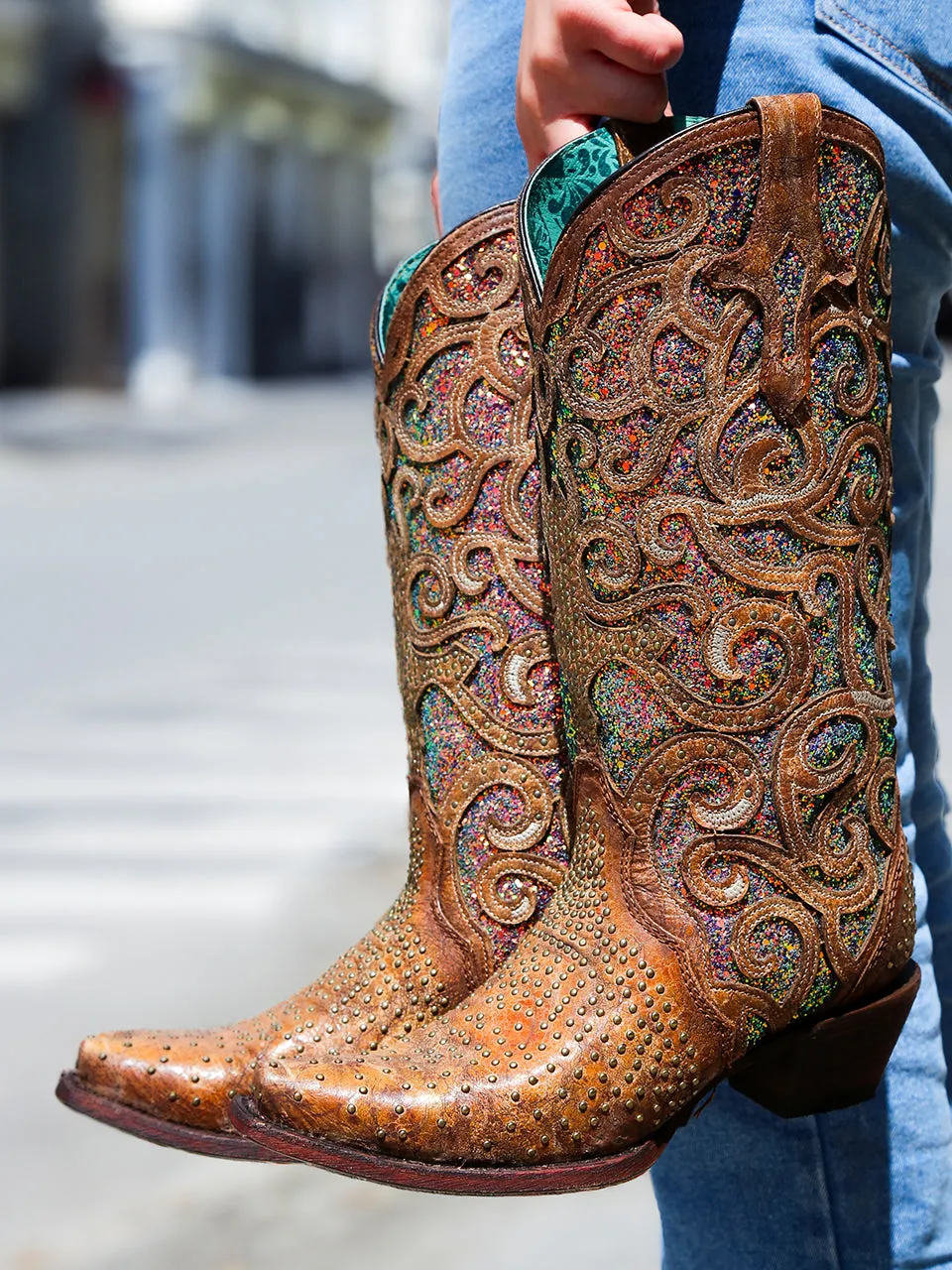 C3467 - WOMEN'S IRIDESCENT PURPLE GLITTER INLAY WITH FULL STUDDED VAMP SNIP TOE COWBOY BOOT