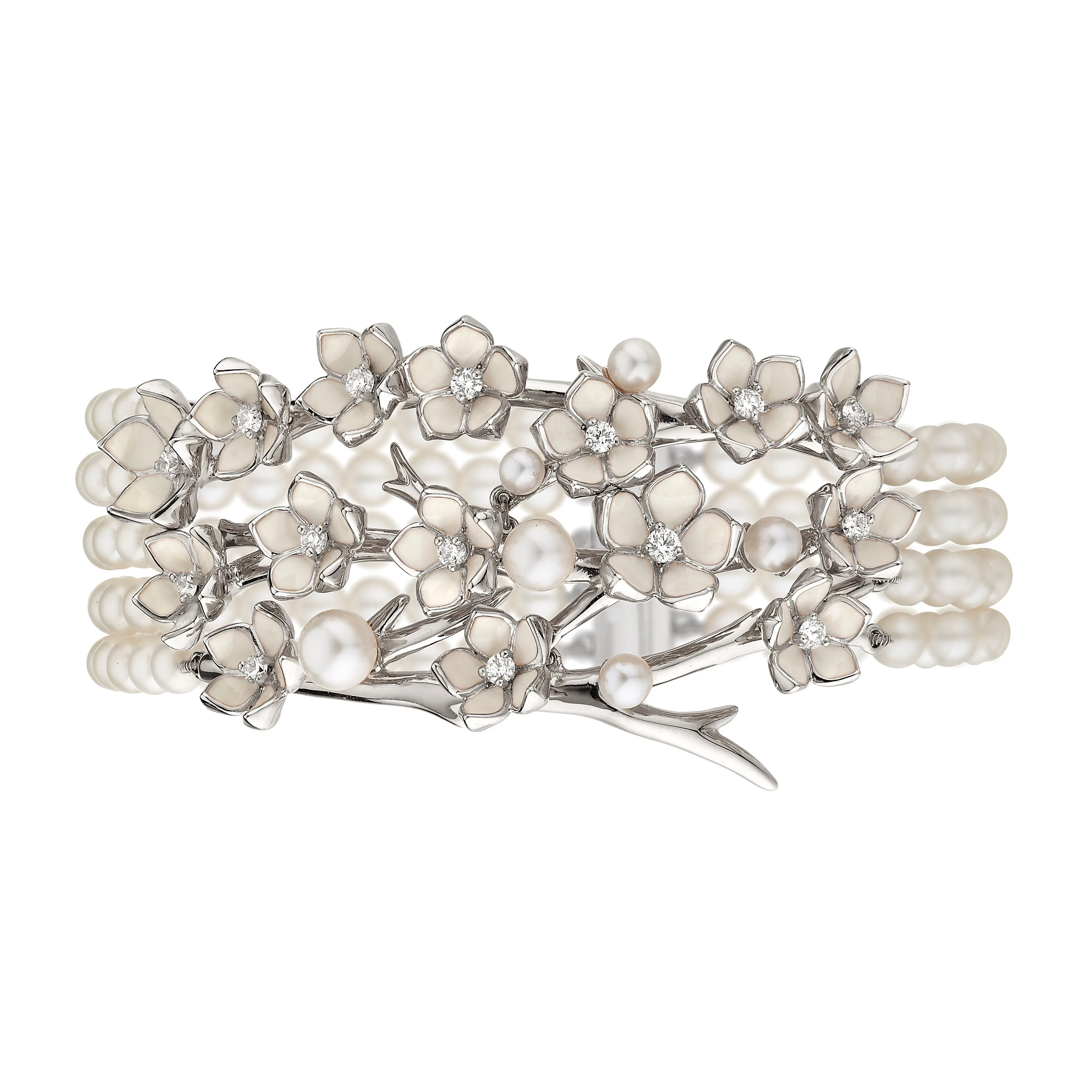 Cherry Blossom Strand Bracelet - Silver, Diamond & Pearl