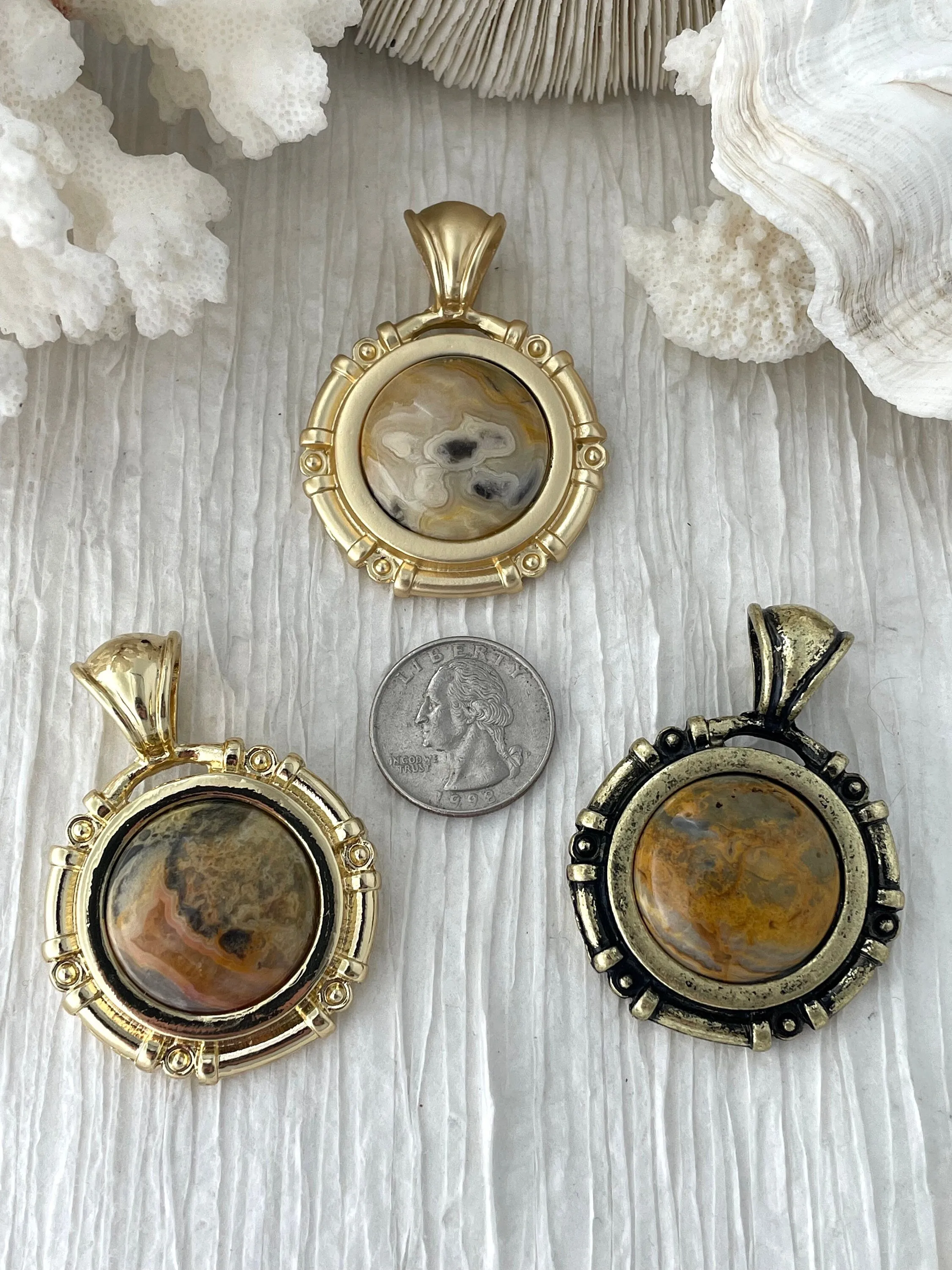 Crazy Lace Agate Stone Pendant with Bezel, Natural Stone Cabochon, comes in a variety of patterns,3 bezel colors, Natural Stone, Fast Ship.