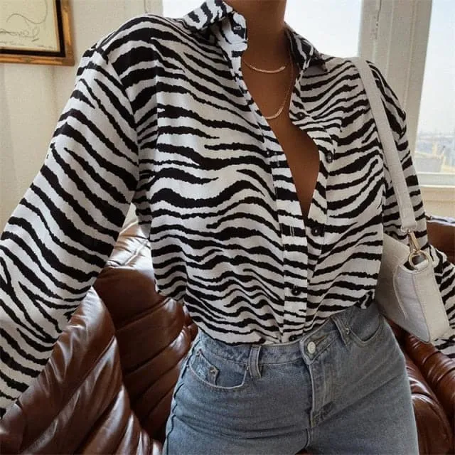 DressBetty - Fashion Down Lapel  AbstractZebra Print  Loose Tops