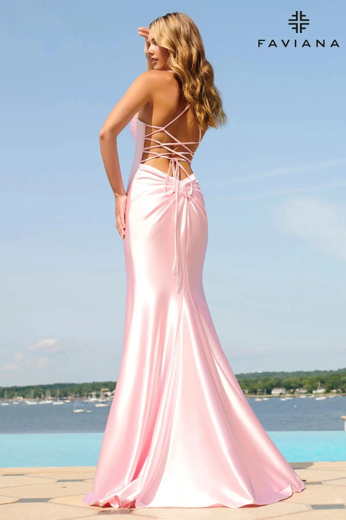 Faviana 10890 Satin Scoop Neck Empire Lace Back