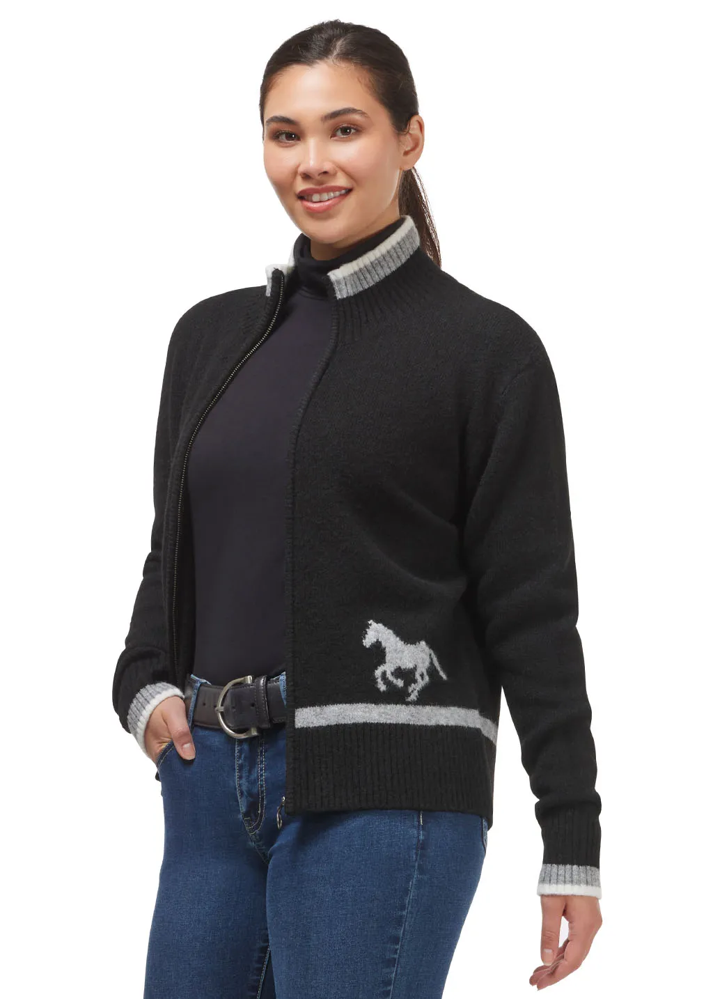 Full Zip Varsity Horse Sweater
