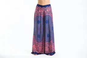 Geometric Mandalas Straight Cut Wide Leg Palazzo with Elastic Back Waistband in Blue
