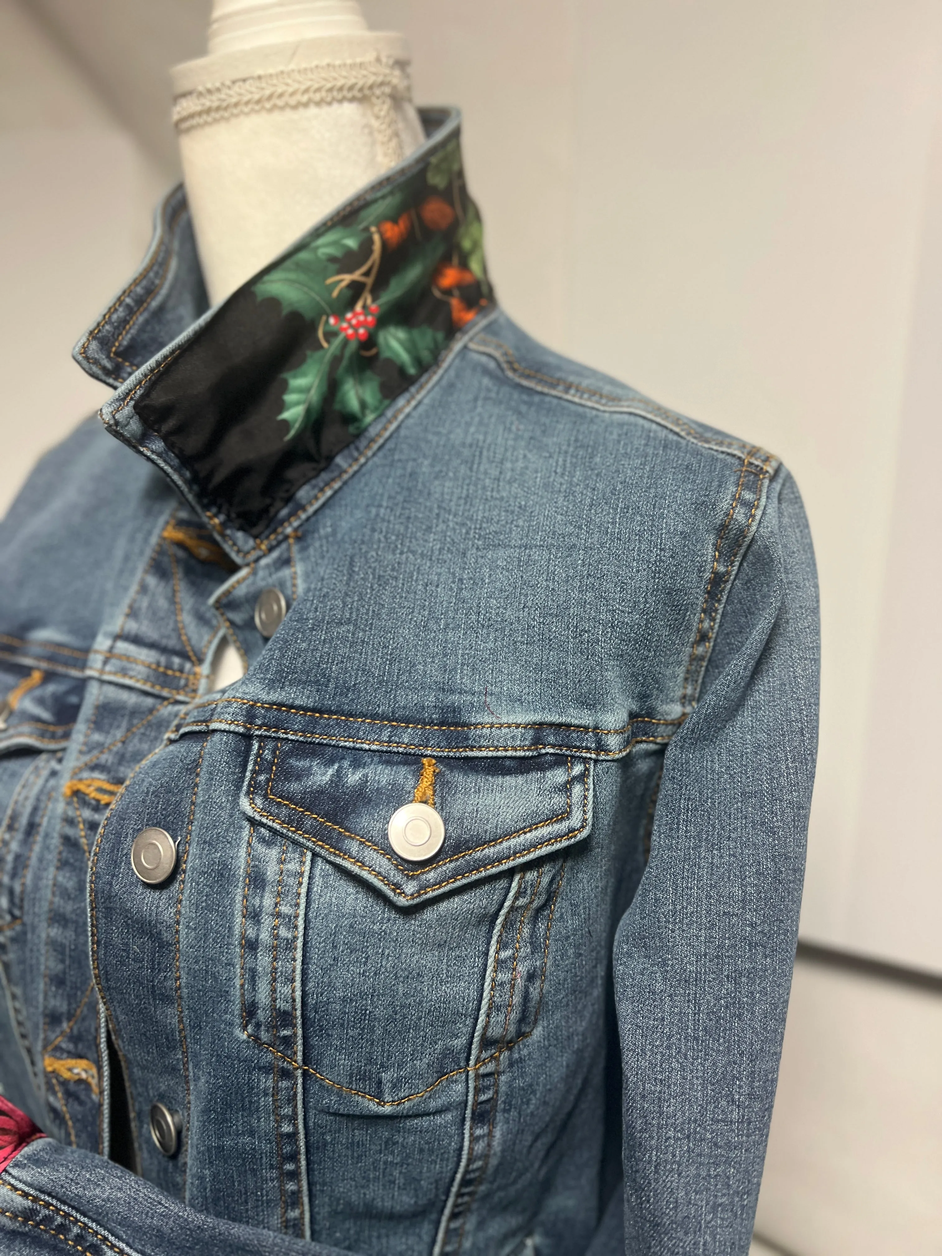 GG Designer Botanical Black Scarf on Blue Denim Jacket