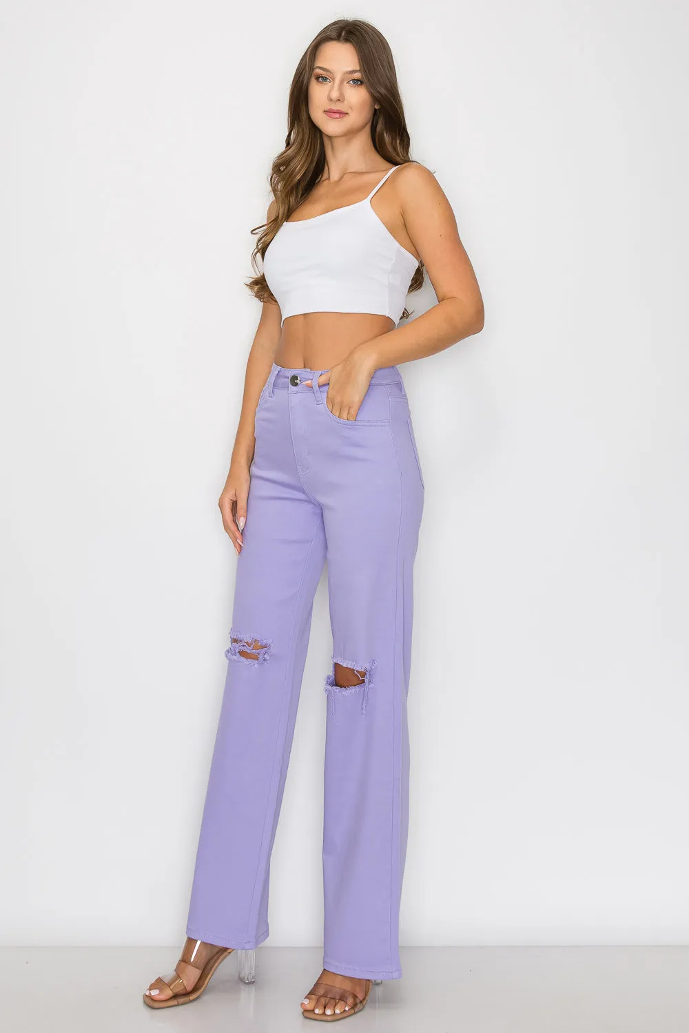 LVB-230 LILAC HIGH WAISTED SUPER-STRETCH COLORED WIDE LEG JEANS