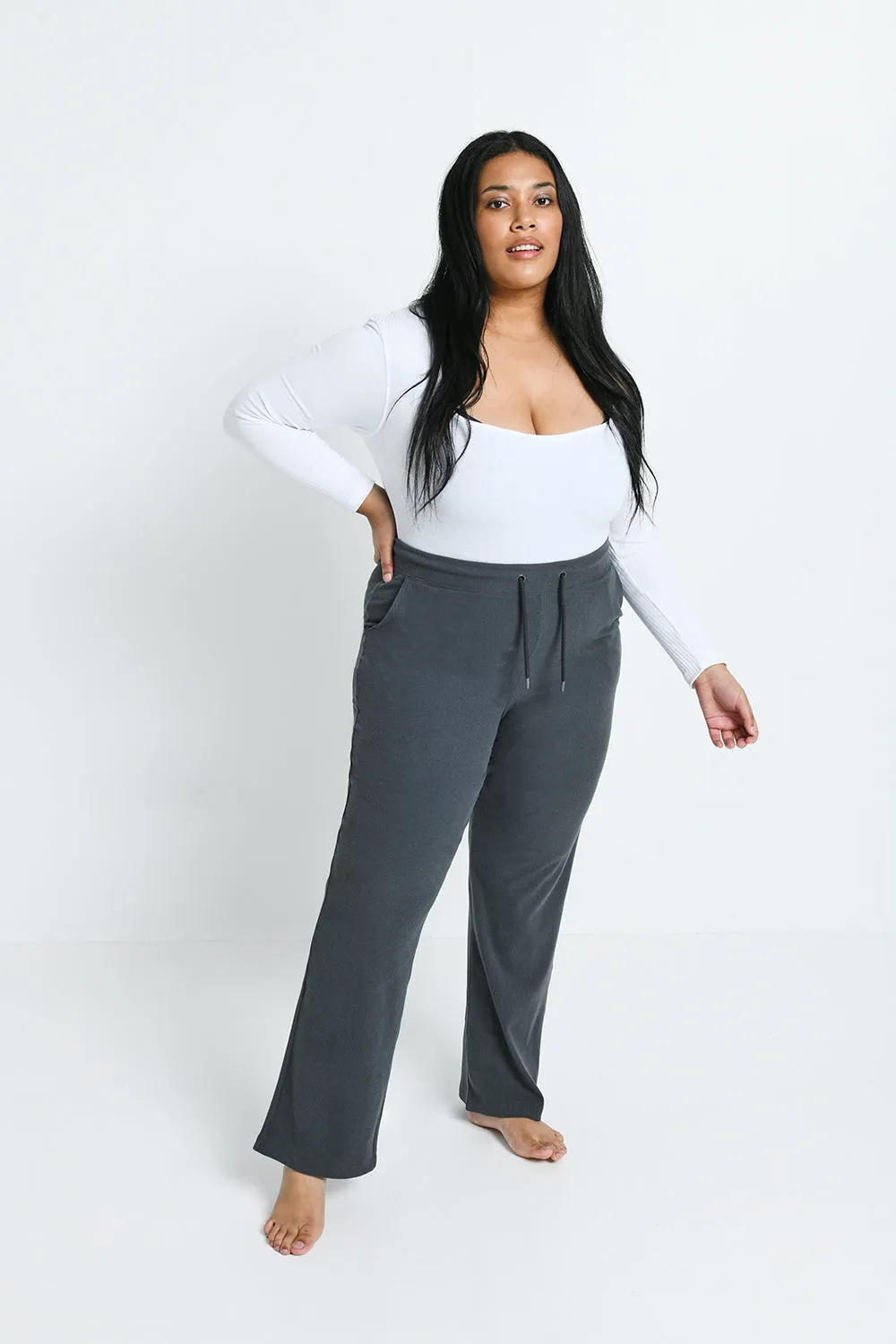 Ribbed Wide Leg Trousers - Grey