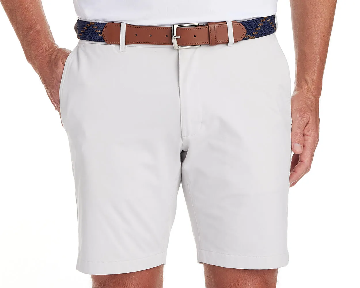 The Fischer Belt: Navy & Whiskey Dogleg Stripe - Whiskey Leather